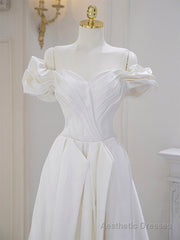 A-Line Off Shoulder Satin ivory Long Prom Dress, Ivory Long Bridesmaid Dress