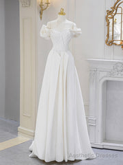 A-Line Off Shoulder Satin ivory Long Prom Dress, Ivory Long Bridesmaid Dress