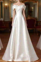 A-Line Off Shoulder Satin ivory Long Evening Prom Dresses, Satin Long Evening Dresses