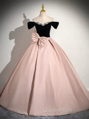 A-Line Off Shoulder Satin Pink Long Evening Prom Dresses, Pink Long Formal Dresses