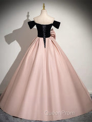 A-Line Off Shoulder Satin Pink Long Evening Prom Dresses, Pink Long Formal Dresses