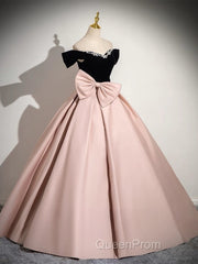 A-Line Off Shoulder Satin Pink Long Evening Prom Dresses, Pink Long Formal Dresses
