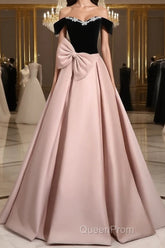 A-Line Off Shoulder Satin Pink Long Evening Prom Dresses, Pink Long Formal Dresses