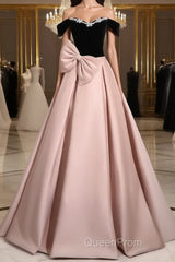 A-Line Off Shoulder Satin Pink Long Evening Prom Dresses, Pink Long Formal Dresses