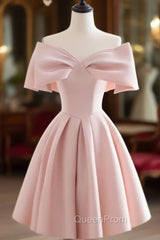 A-Line Off Shoulder Satin Pink Short Evening Prom Dresses, Pink Homecoming Dresses