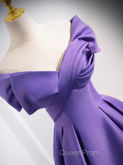 A-Line Off Shoulder Satin Purple Long Evening Prom Dresses, Purple Long Evening Dresses