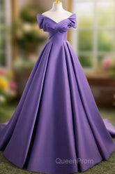 A-Line Off Shoulder Satin Purple Long Evening Prom Dresses, Purple Long Evening Dresses