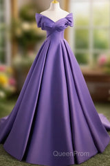 A-Line Off Shoulder Satin Purple Long Evening Prom Dresses, Purple Long Evening Dresses
