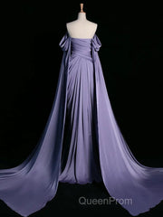 A-Line Off Shoulder Satin Purple Long Evening Prom Dresses, Purple Long Formal Dresses