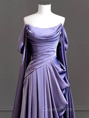 A-Line Off Shoulder Satin Purple Long Evening Prom Dresses, Purple Long Formal Dresses