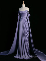 A-Line Off Shoulder Satin Purple Long Evening Prom Dresses, Purple Long Formal Dresses