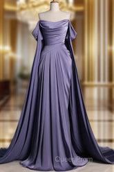A-Line Off Shoulder Satin Purple Long Evening Prom Dresses, Purple Long Formal Dresses