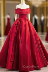 A-Line Off Shoulder Satin Red Ballgown Long Evening Prom Dresses Evening Dresses Floor Length