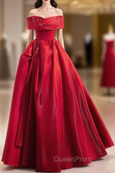 A-Line Off Shoulder Satin Red Long Evening Prom Dresses, Red Long Evening Dresses