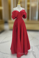 A-Line Off Shoulder Satin Red Long Evening Prom Dresses, Red Long Evening Dresses