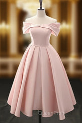 A-Line Off Shoulder Satin Tea Length Pink Evening Prom Dresses, Pink Evening Dresses