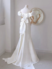 A-Line Off Shoulder Satin White Long Evening Prom Dresses, White Long Party Dresses