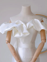 A-Line Off Shoulder Satin White Long Evening Prom Dresses, White Long Party Dresses