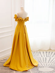A-Line Off Shoulder Satin Yellow Long Evening Prom Dresses, Yellow Evening Dresses