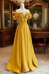 A-Line Off Shoulder Satin Yellow Long Evening Prom Dresses, Yellow Evening Dresses
