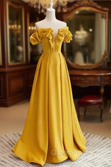 A-Line Off Shoulder Satin Yellow Long Evening Prom Dresses, Yellow Evening Dresses