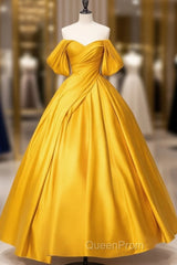 A-Line Off Shoulder Satin Yellow Long Evening Prom Dresses, Yellow Long Formal Dresses