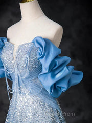 A-Line Off Shoulder Sequin Beads Blue Long Evening Prom Dresses Sparkly Evening Dresses