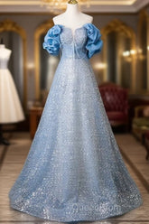 A-Line Off Shoulder Sequin Beads Blue Long Evening Prom Dresses Sparkly Evening Dresses