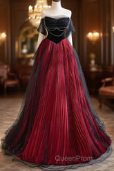 A-Line Off Shoulder Tulle Black/Burgundy Long Evening Prom Dresses