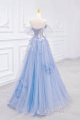 A-Line Off Shoulder Tulle Blue Long Evening Prom Dresses, Blue Long Formal Dresses