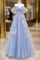 A-Line Off Shoulder Tulle Blue Long Evening Prom Dresses, Blue Long Formal Dresses