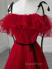 A-Line Off Shoulder Tulle Burgundy Long Evening Prom Dresses, Burgundy Long Formal Dresses