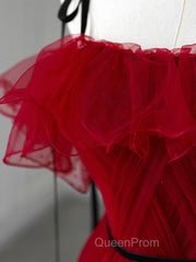 A-Line Off Shoulder Tulle Burgundy Long Evening Prom Dresses, Burgundy Long Formal Dresses