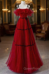 A-Line Off Shoulder Tulle Burgundy Long Evening Prom Dresses, Burgundy Long Formal Dresses