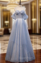 A-Line Off Shoulder Tulle Gray Blue Long Evening Prom Dresses, Gray Blue Long Evening Dresses