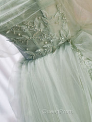 A-Line Off Shoulder Tulle Green Long Evening Prom Dresses, Green Evening Dresses with Beading
