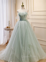A-Line Off Shoulder Tulle Green Long Evening Prom Dresses, Green Evening Dresses with Beading