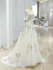 A-Line Off Shoulder Tulle Lace Applique White Long Evening Prom Dresses, White Long Formal Dresses