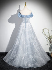 A-Line Off Shoulder Tulle Lace Beads Blue Long Evening Prom Dresses, Blue Long Formal Dresses