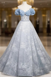 A-Line Off Shoulder Tulle Lace Beads Blue Long Evening Prom Dresses, Blue Long Formal Dresses