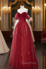A-Line Off Shoulder Tulle Lace Dark Red Long Evening Prom Dresses