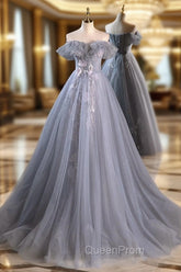 A-Line Off Shoulder Tulle Lace Gray Blue Long Evening Prom Dresses, Gray Blue Long Evening Dresses
