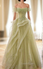 A-Line Off Shoulder Tulle Lace Green Long Evening Prom Dresses, Green Long Graduation Dresses