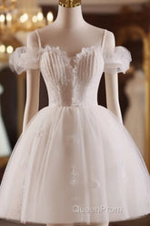 A-Line Off Shoulder Tulle Lace Light Champagne Short Evening Prom Dresses