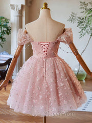 A-Line Off Shoulder Tulle Lace Pink Short Evening Prom Dresses, Pink Homecoming Dresses