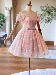 A-Line Off Shoulder Tulle Lace Pink Short Evening Prom Dresses, Pink Homecoming Dresses
