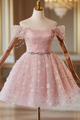A-Line Off Shoulder Tulle Lace Pink Short Evening Prom Dresses, Pink Homecoming Dresses