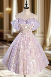 A-Line Off Shoulder Tulle Lace Purple Short Evening Prom Dresses, Cute Purple Homecoming Dresses