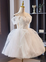 A-Line Off Shoulder Tulle Lace Short Evening Prom Dresses, White Homecoming Dresses