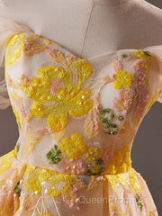 A-Line Off Shoulder Tulle Lace Short Yellow Evening Prom Dresses, Yellow Homecoming Dresses